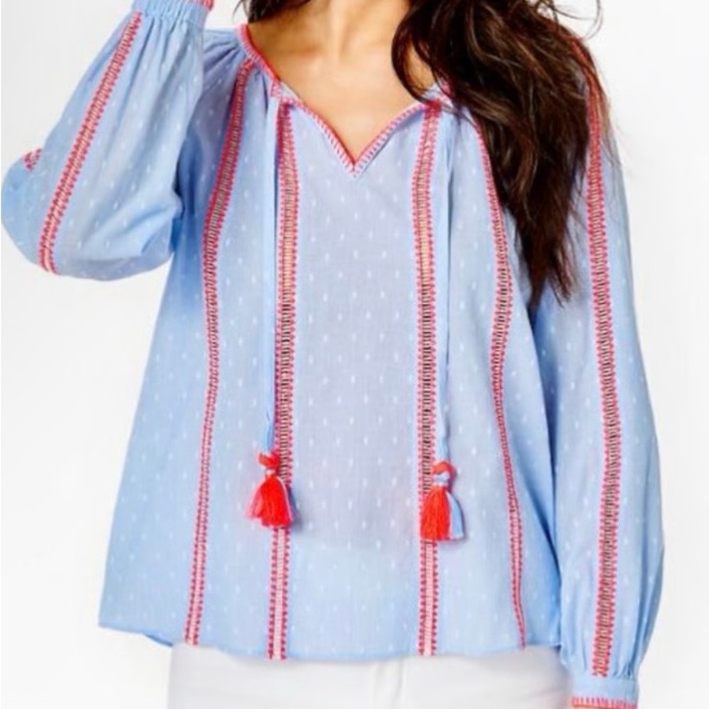 Lilly Pulitzer Light Blue Blouse with Pink/Coral Striping‎ Tassels Sz S